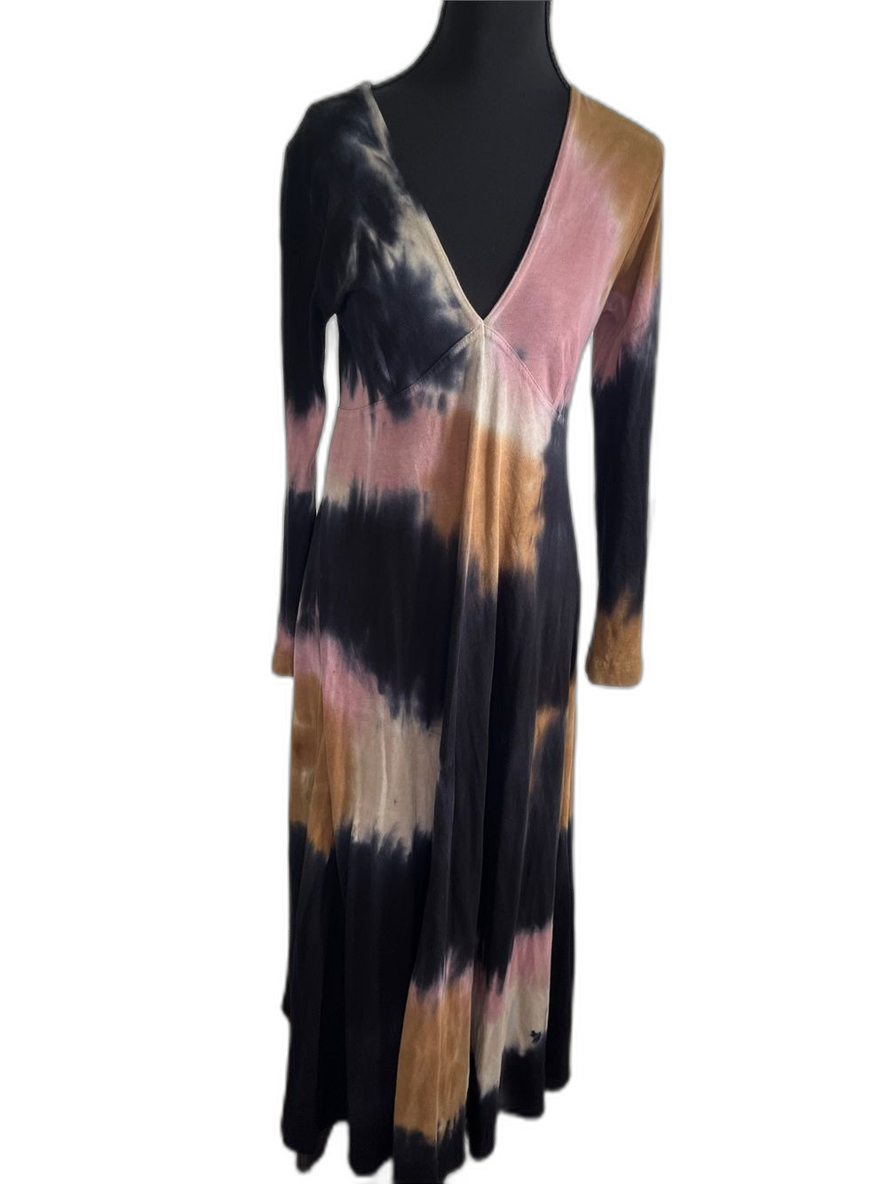 Raquel Allegra Drama Maxi Dress Black Fireworks Tie-Dye V-Neck Long Sleeve 0